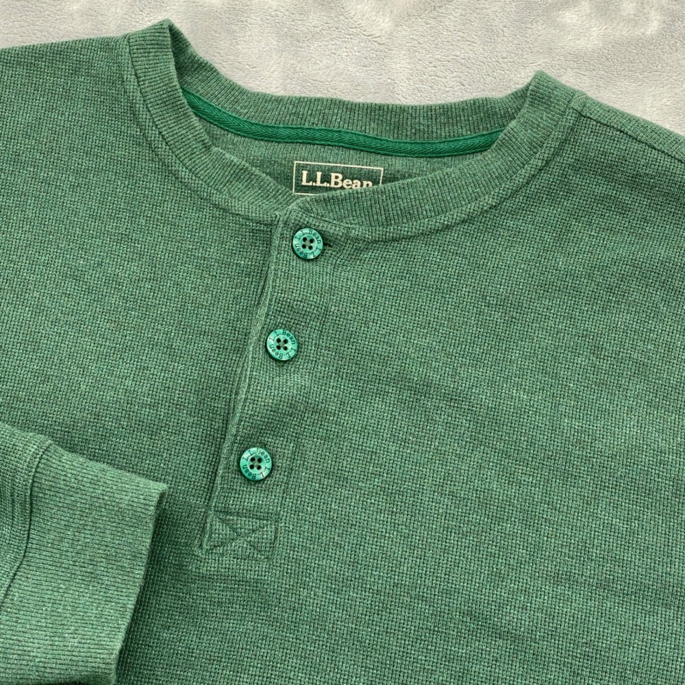 LL Bean Henley Shirt Mens XL Green Waffle Knit Cotton Traditional Fit 502224